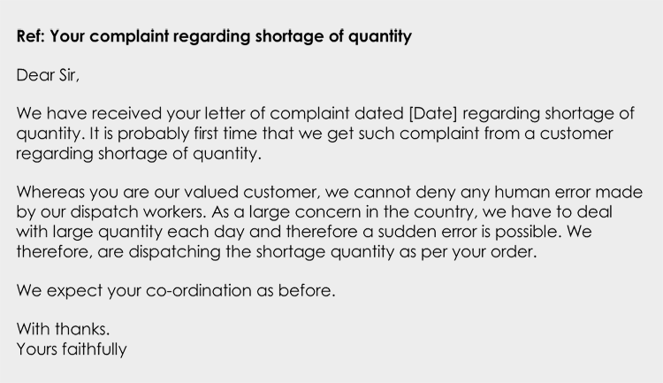 Sample Adjustment Letter Regarding Shortage of Quantity or Products