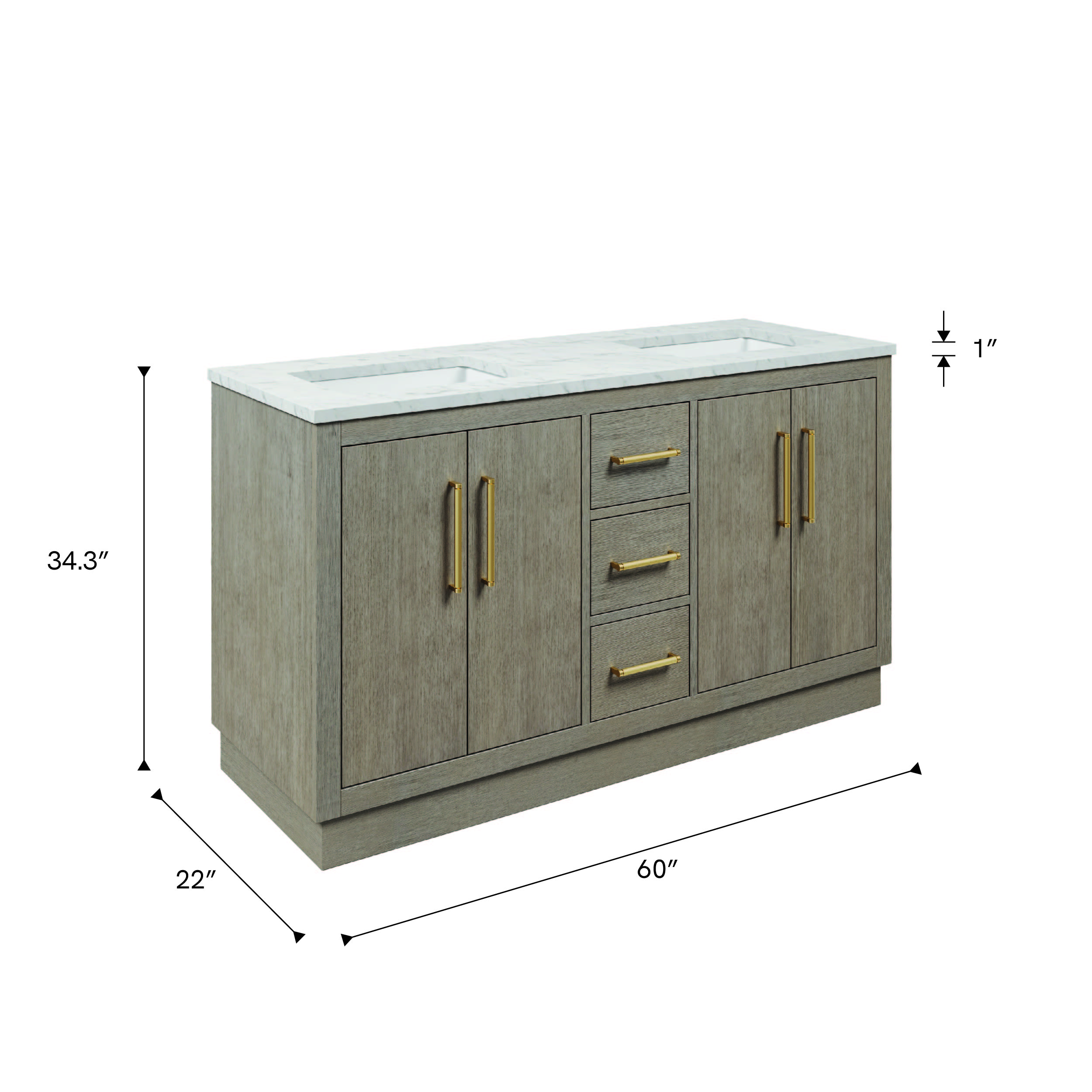 Hugo 60 In. Double Sink Bathroom Vanity With Carrara White Marble Top And Satin Gold Hardware