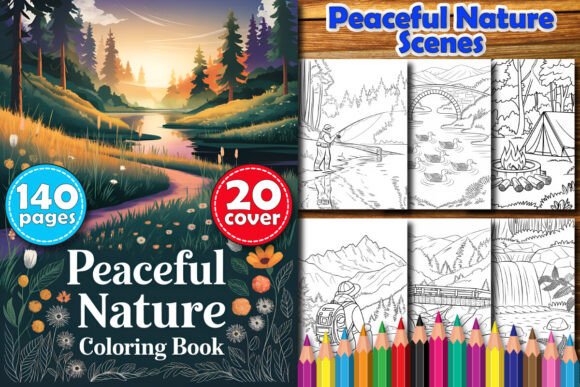 Peaceful Nature Coloring Book Cover with Forest Landscape