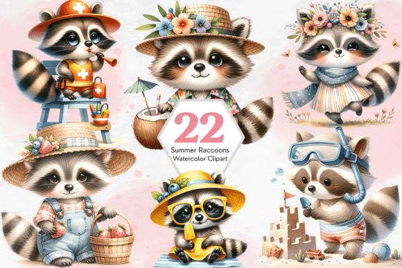 Summer Raccoons Watercolor Clipart Collection