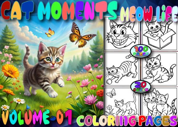 Cat coloring book cover with playful kittens and floral elements