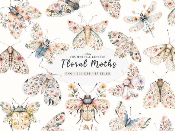 Floral moths with commercial license illustration