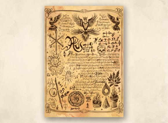 Ancient witchcraft book with mystical symbols illustration