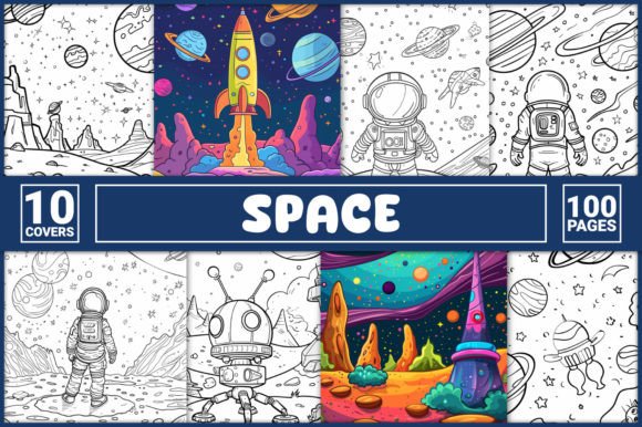 Space Coloring Book Cover with Planets and Astronauts