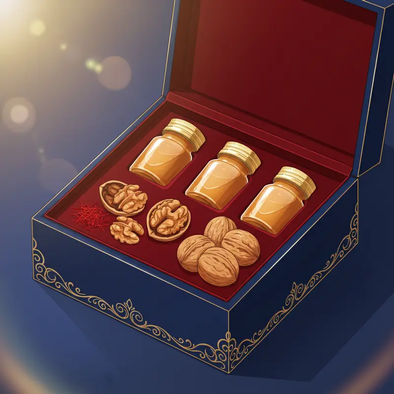 Hộp quà sang trọng màu xanh navy chứa yến sào, quả óc chó và saffron, là món quà thôi nôi ý nghĩa hỗ trợ trí tuệ cho bé.