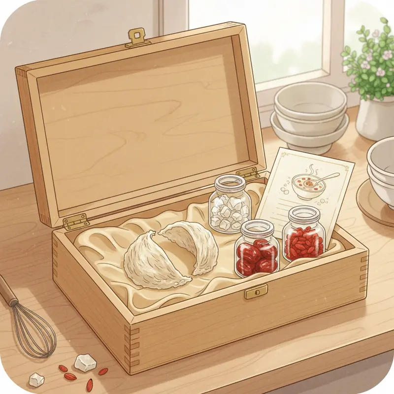 Hộp quà bằng gỗ chứa yến thô tinh chế, đường phèn, táo đỏ và kỷ tử, là món quà ý nghĩa để cha mẹ tự tay chưng yến cho con.