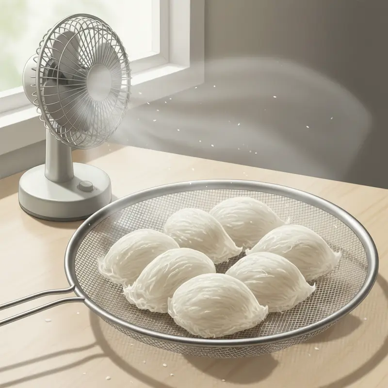 Hình ảnh yến tươi đã làm sạch đang được để ráo nước trên rây inox chuẩn bị cho việc bảo quản.