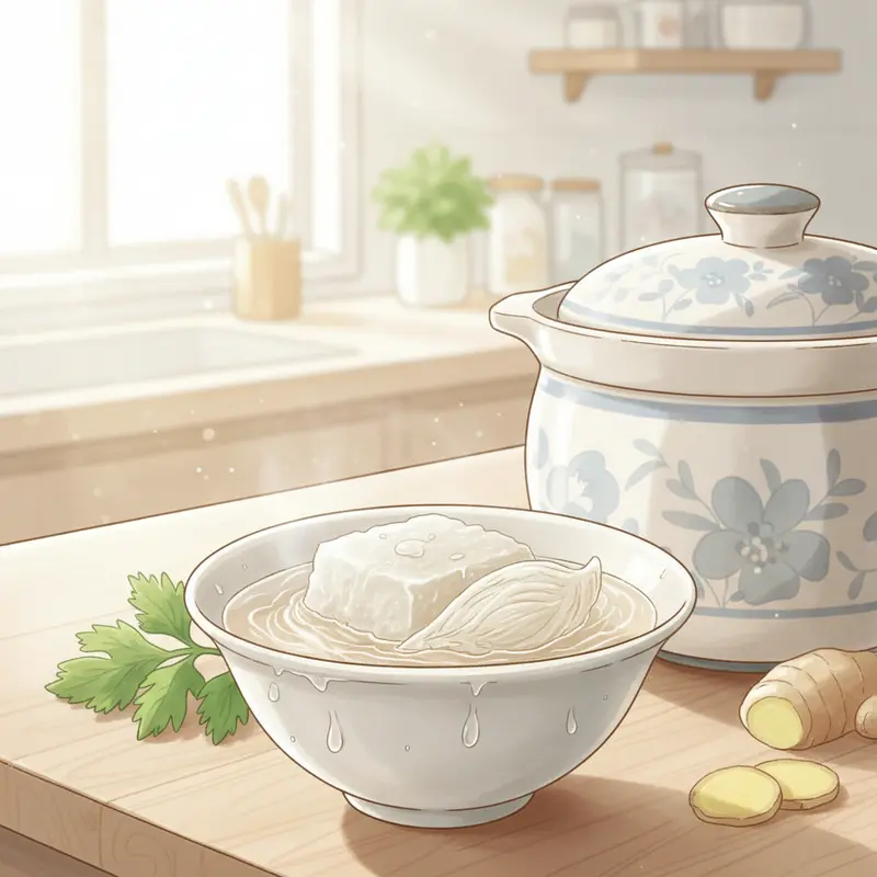 Một phần yến tươi đông lạnh đang được rã đông tự nhiên trong chén sứ.