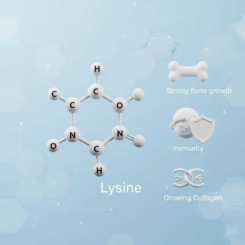 Sơ đồ minh họa các chức năng của Lysine: hỗ trợ xương, tăng cường miễn dịch và sản xuất collagen cho trẻ em.