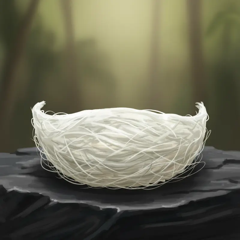 Hình ảnh cận cảnh một tổ yến trắng tinh khiết, cho thấy cấu trúc sợi tự nhiên và chất lượng cao.