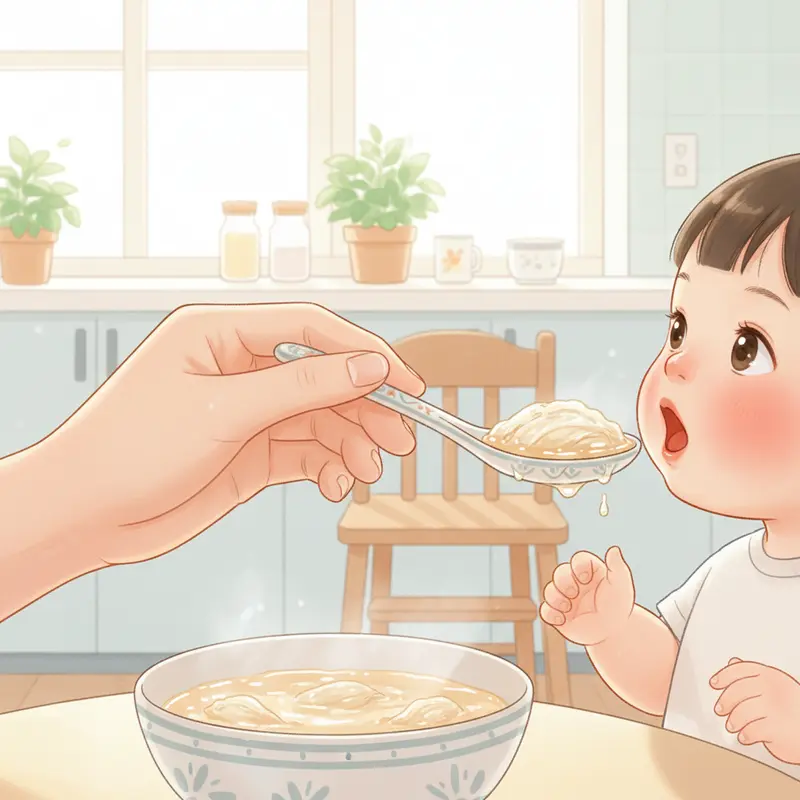 Hình ảnh bàn tay cha mẹ đang nhẹ nhàng đút một thìa súp yến nhỏ cho con, thể hiện sự chăm sóc cẩn thận.