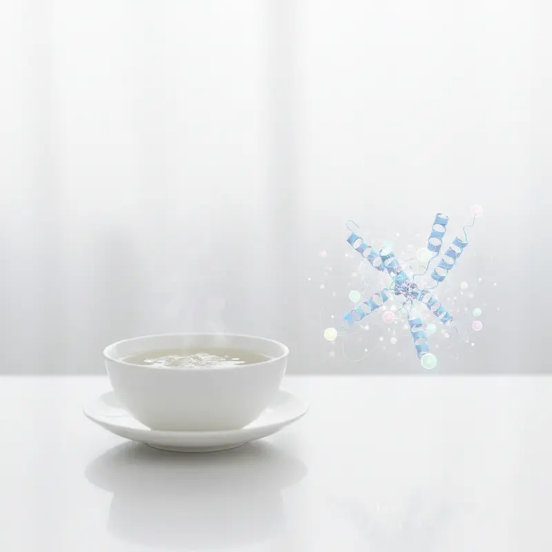 Một bát yến sào chưng trong suốt bên cạnh mô hình phân tử protein, minh họa cho thành phần dinh dưỡng khoa học của yến sào.