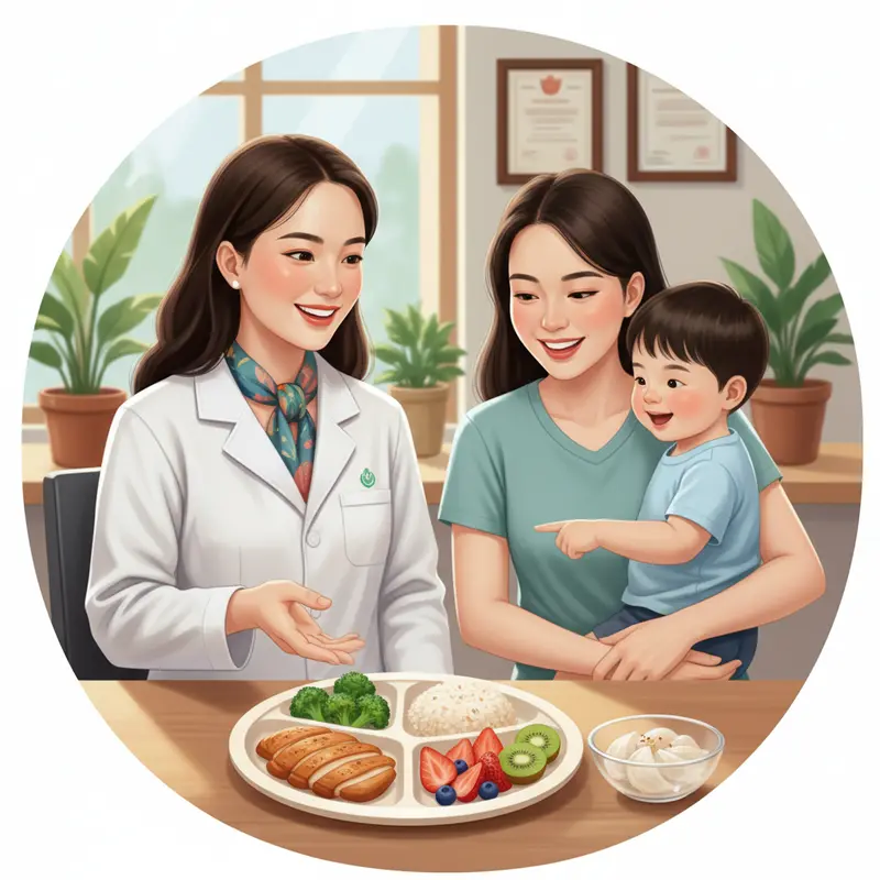 Chuyên gia dinh dưỡng đang tư vấn cho mẹ và bé về một chế độ ăn lành mạnh, với yến sào là một phần bổ sung.
