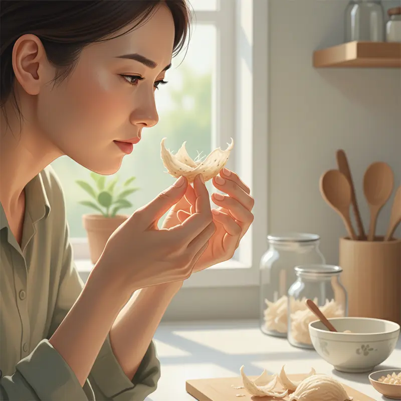 Một người đang dùng khứu giác để kiểm tra mùi vị tự nhiên của yến vụn khô trước khi chế biến.