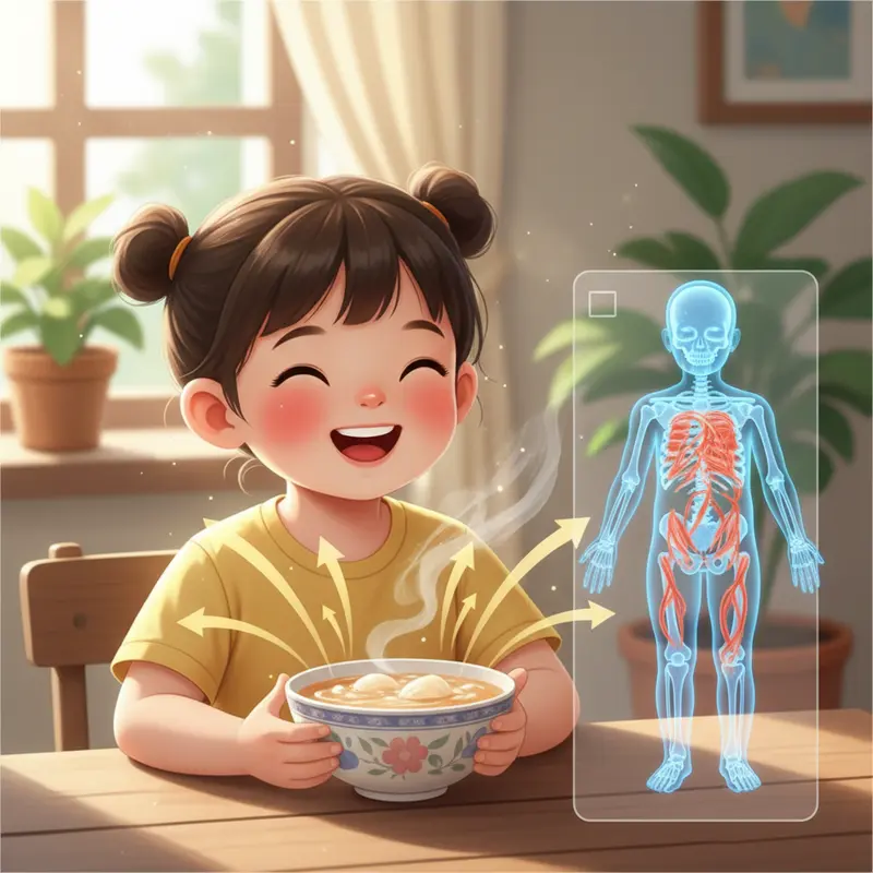 Trẻ em đang ăn yến sào, với hình minh họa cơ chế dinh dưỡng hỗ trợ phát triển xương.