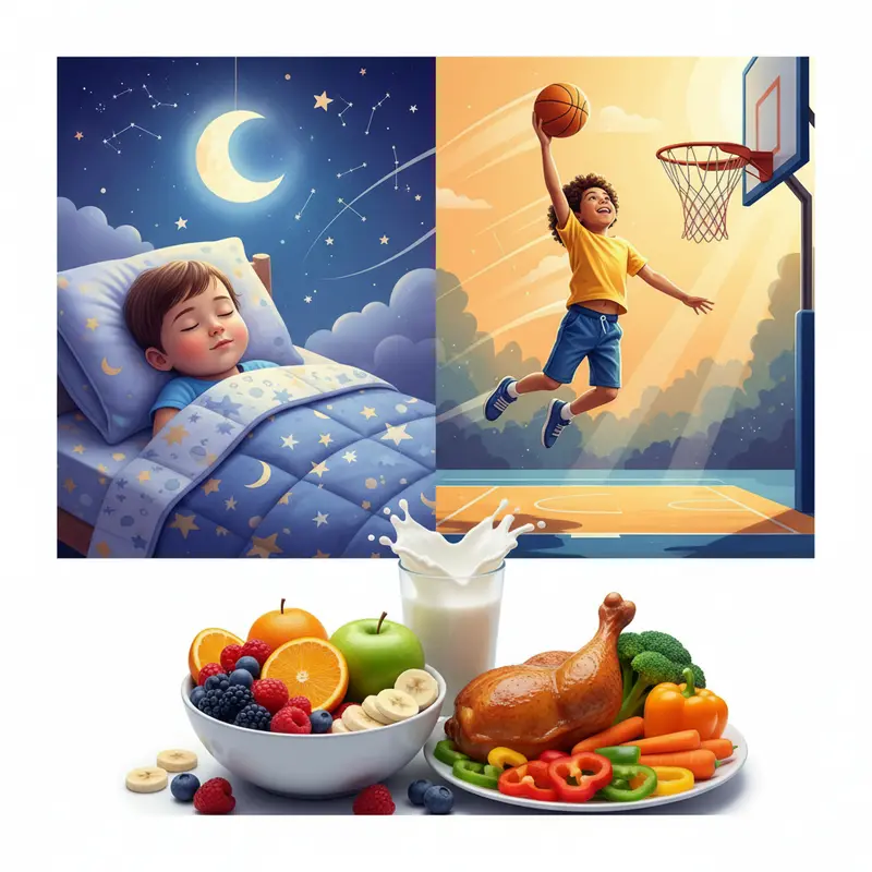 Ảnh ghép minh họa ba yếu tố quan trọng cho chiều cao: giấc ngủ, vận động và chế độ ăn uống cân bằng.