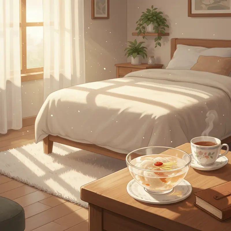 Một bát yến sào được đặt trên bàn cạnh giường ngủ vào buổi sáng, tượng trưng cho thời điểm lý tưởng để sử dụng yến.