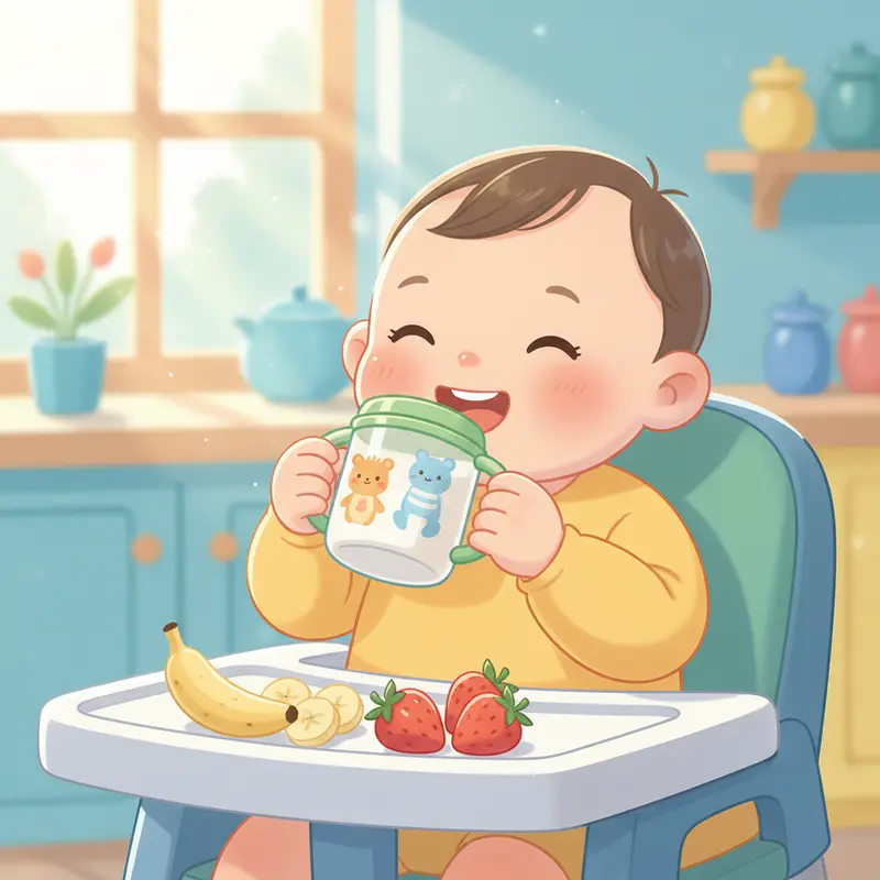 Một em bé đang vui vẻ tự uống sữa từ chiếc cốc tập uống xinh xắn, cho thấy sự hứng thú với bữa ăn.