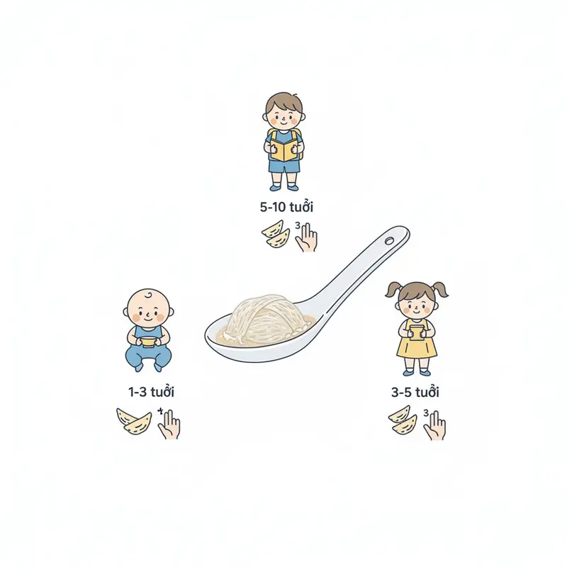 Infographic về liều lượng yến sào chuẩn cho trẻ em theo các nhóm tuổi khác nhau, nhấn mạnh tầm quan trọng của việc dùng đúng liều.