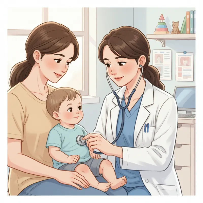 Hình ảnh một bác sĩ đang dùng ống nghe khám cho một em bé để chẩn đoán nguyên nhân ho khan.