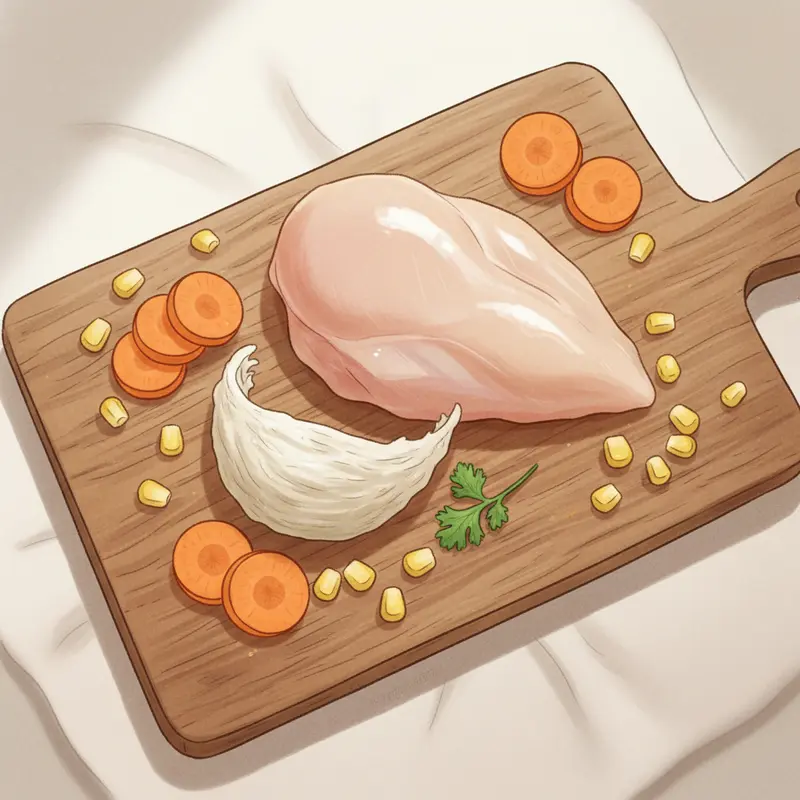 Nguyên liệu tươi ngon để nấu súp yến sào thịt gà, bao gồm tổ yến, ức gà, cà rốt và bắp.