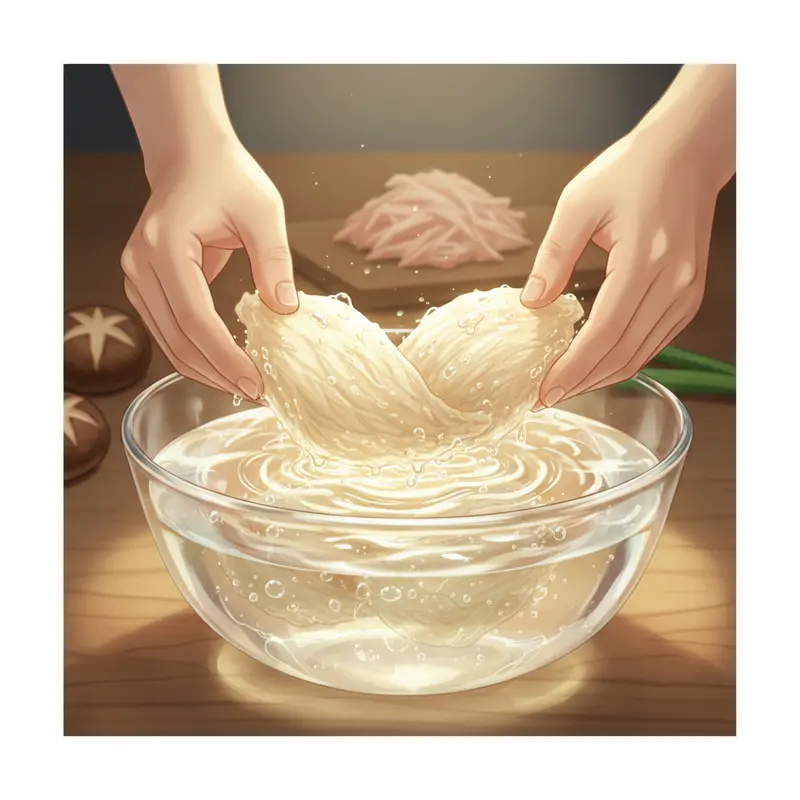 Cận cảnh bàn tay đang ngâm tổ yến trong bát nước sạch để chuẩn bị nấu súp.