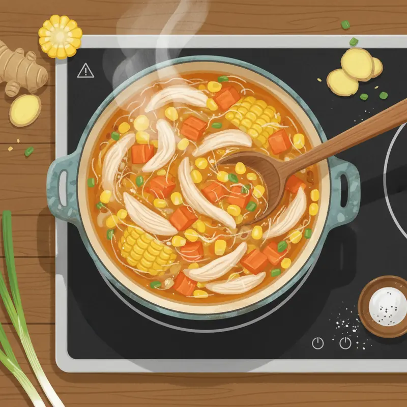 Một nồi súp gà rau củ đang được nấu trên bếp, thể hiện quá trình nấu ăn.