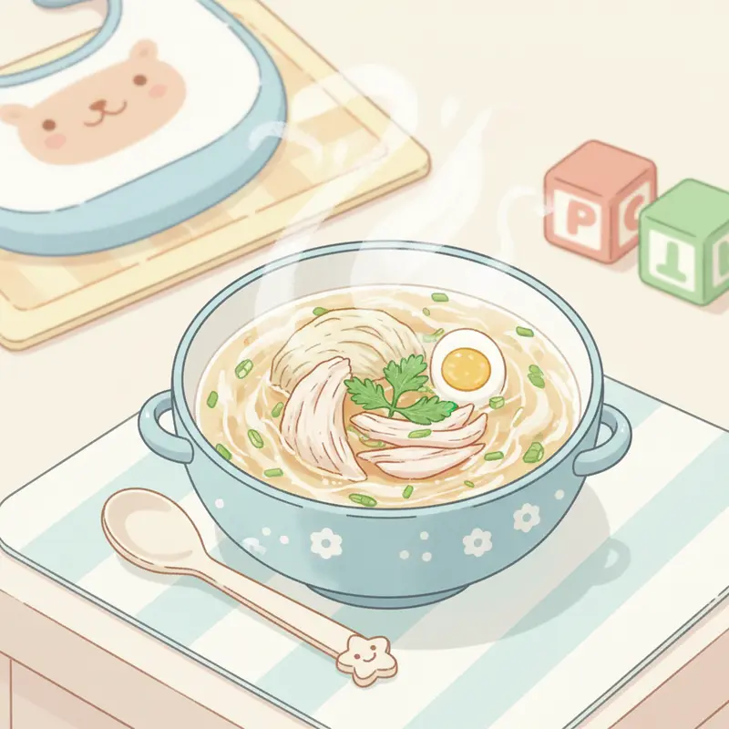 Một bát súp yến gà nóng hổi, được trang trí đẹp mắt bằng ngò rí, sẵn sàng để bé ăn.