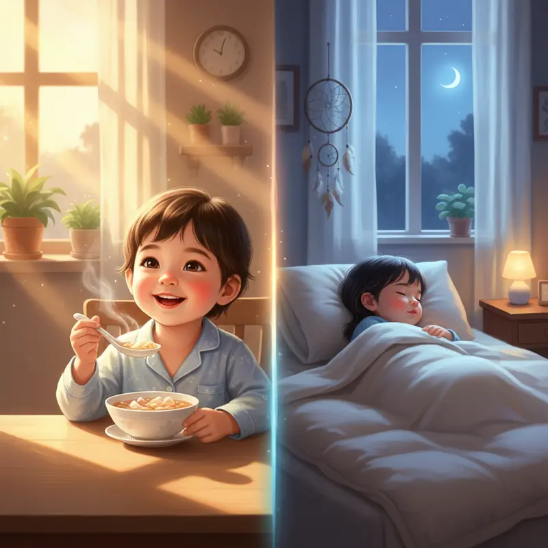 Hình ảnh ghép đôi: một em bé đang ăn yến vào buổi sáng và hình ảnh em bé đó đang ngủ ngon vào ban đêm, minh họa hai thời điểm ăn yến tốt nhất.