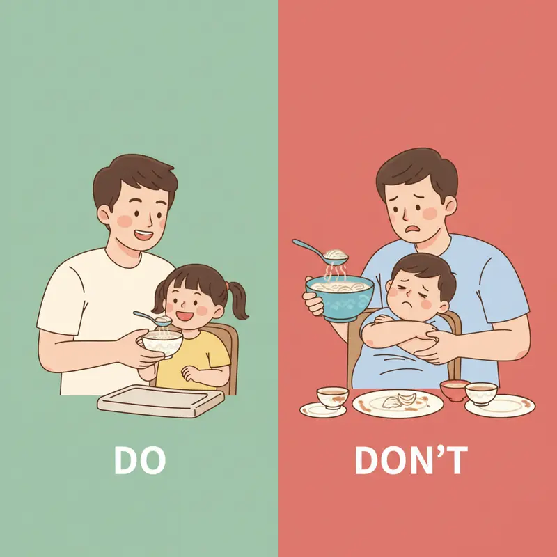 Hình ảnh so sánh nên và không nên khi cho trẻ ăn yến. Bên 'nên' là cho ăn lượng vừa phải. Bên 'không nên' là cho ăn quá nhiều sau bữa chính.