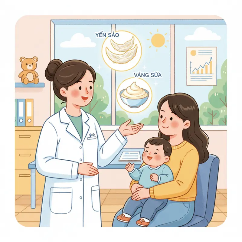 Một nữ bác sĩ nhi khoa đang tư vấn cho một người mẹ về dinh dưỡng cho con, thể hiện sự tin tưởng và chuyên môn.