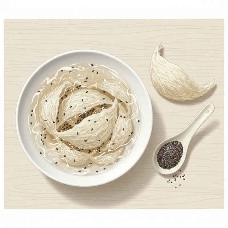 Bát yến chưng hạt chia bên cạnh tổ yến thô và một muỗng hạt chia khô, thể hiện các thành phần dinh dưỡng chính.