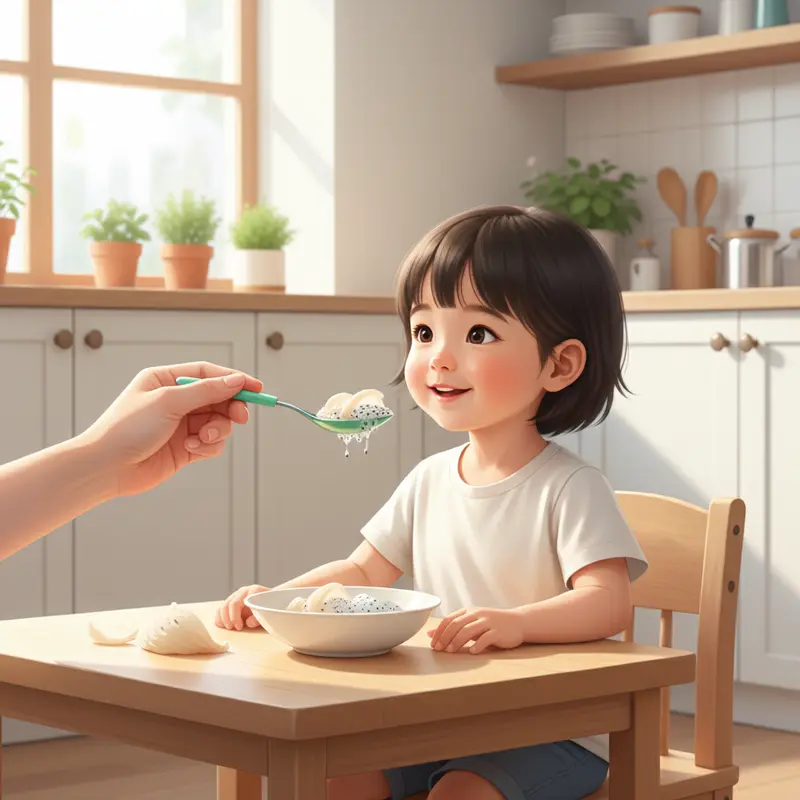 Một em bé đang vui vẻ thử món yến chưng hạt chia từ tay của bố/mẹ, thể hiện lợi ích trong việc kích thích ăn uống.