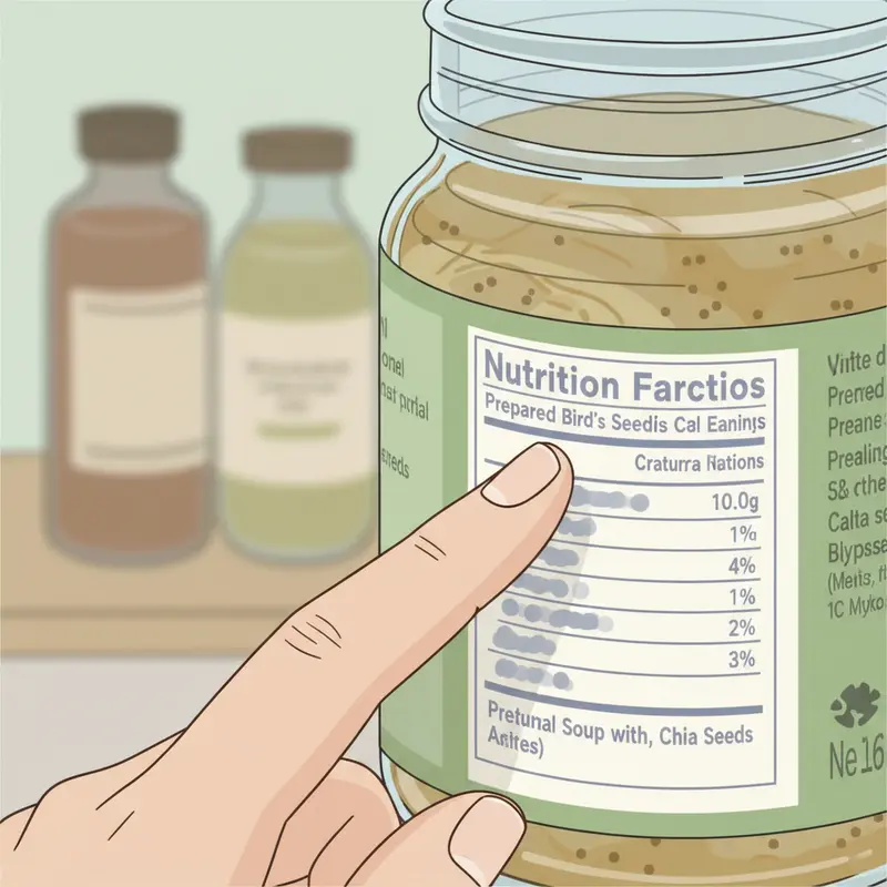 Hình ảnh cận cảnh một người đang đọc kỹ nhãn thành phần trên hũ yến chưng, nhấn mạnh tầm quan trọng của việc chọn sản phẩm an toàn.