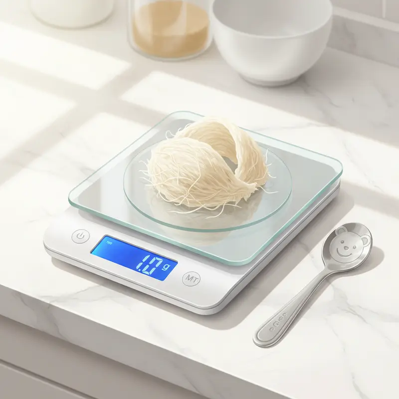 Cân điện tử đang hiển thị 1 gram yến sào khô, minh họa liều lượng chính xác cho bé.