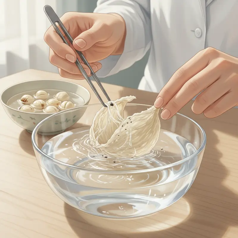 Đôi tay đang dùng nhíp để làm sạch sợi yến đã ngâm nở trong bát nước trong.