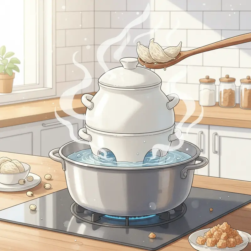 Một thố sứ chưng yến đang được đặt trong nồi nước sôi, minh họa phương pháp chưng cách thủy.