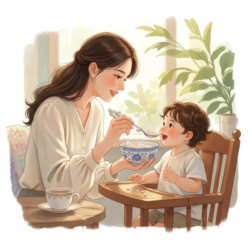 Một người mẹ đang dùng thìa nhỏ đút cho em bé ăn món yến chưng từ một chiếc bát sứ xinh xắn.