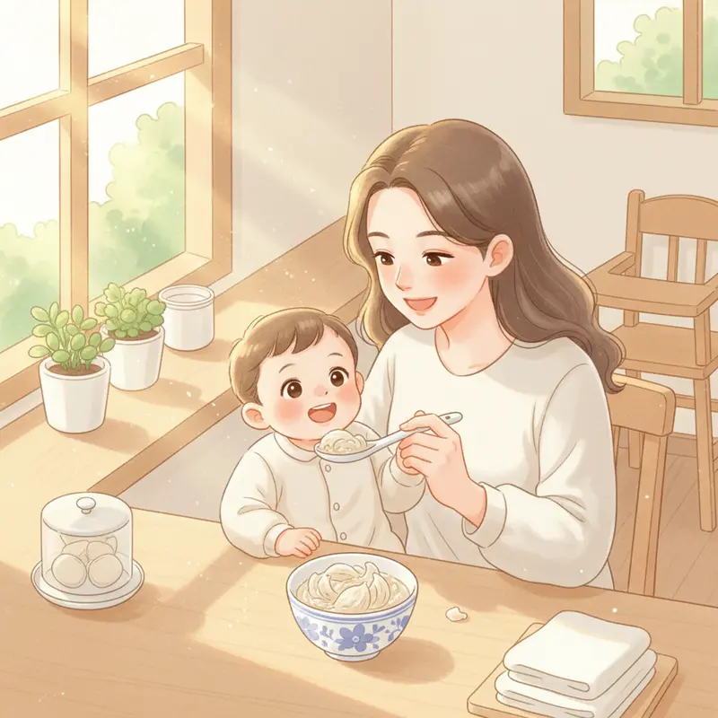 Hình ảnh mẹ đang cho bé ăn một lượng nhỏ yến sào, minh họa cách sử dụng an toàn cho trẻ nhỏ.