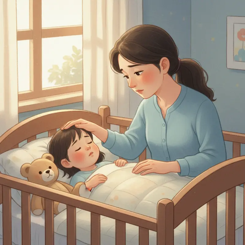 Một người mẹ đang ân cần kiểm tra nhiệt độ cho con, thể hiện sự lo lắng khi trẻ có hệ miễn dịch yếu.
