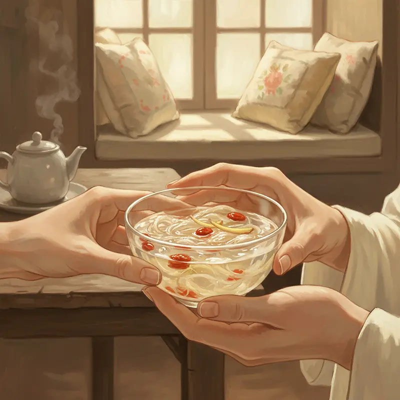 Bàn tay nhẹ nhàng nâng niu chén yến sào nóng hổi, tượng trưng cho sự chăm sóc tận tình dành cho người có thể trạng yếu.