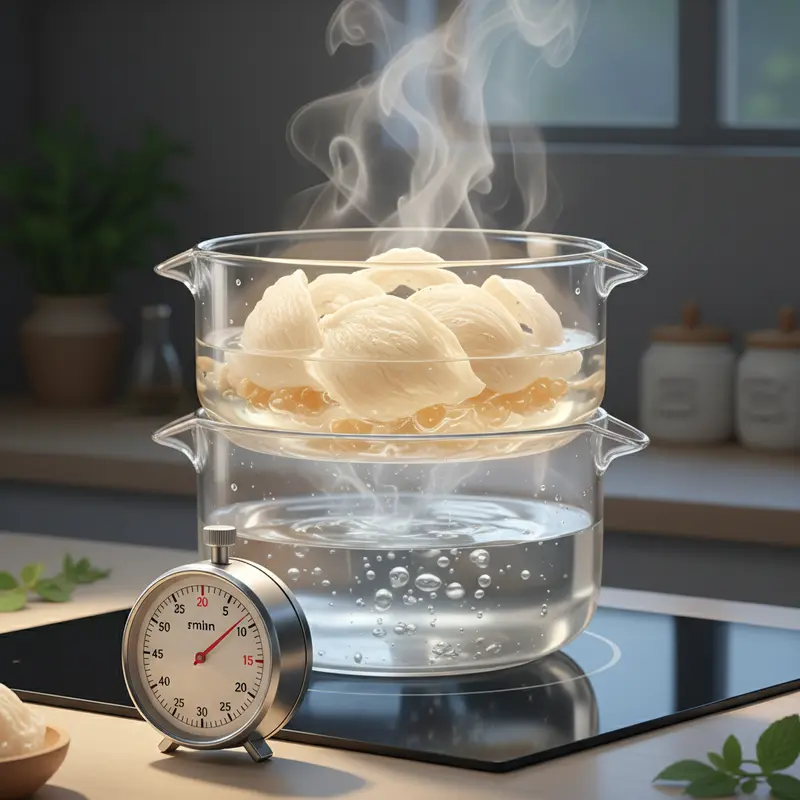 Nồi chưng yến cách thủy bằng thủy tinh, cho thấy sợi yến đang được nấu ở nhiệt độ vừa phải và một chiếc đồng hồ bấm giờ bên cạnh.
