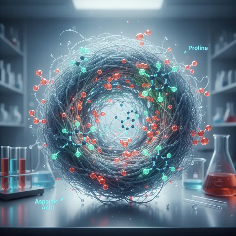 Hình ảnh hiển vi mô tả các sợi yến và cấu trúc phân tử của axit amin Proline và Axit Aspartic.