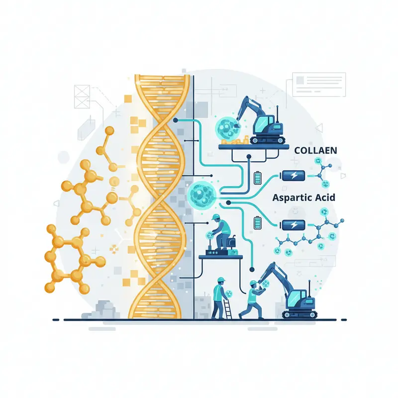 Sơ đồ thể hiện sức mạnh cộng hưởng của Proline và Axit Aspartic: Proline xây dựng cấu trúc và Axit Aspartic cung cấp năng lượng.