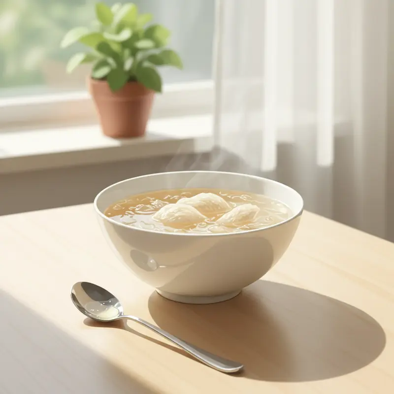 Một chén yến sào thơm ngon được đặt trên bàn gỗ vào buổi sáng, tượng trưng cho cách sử dụng yến sào hiệu quả.