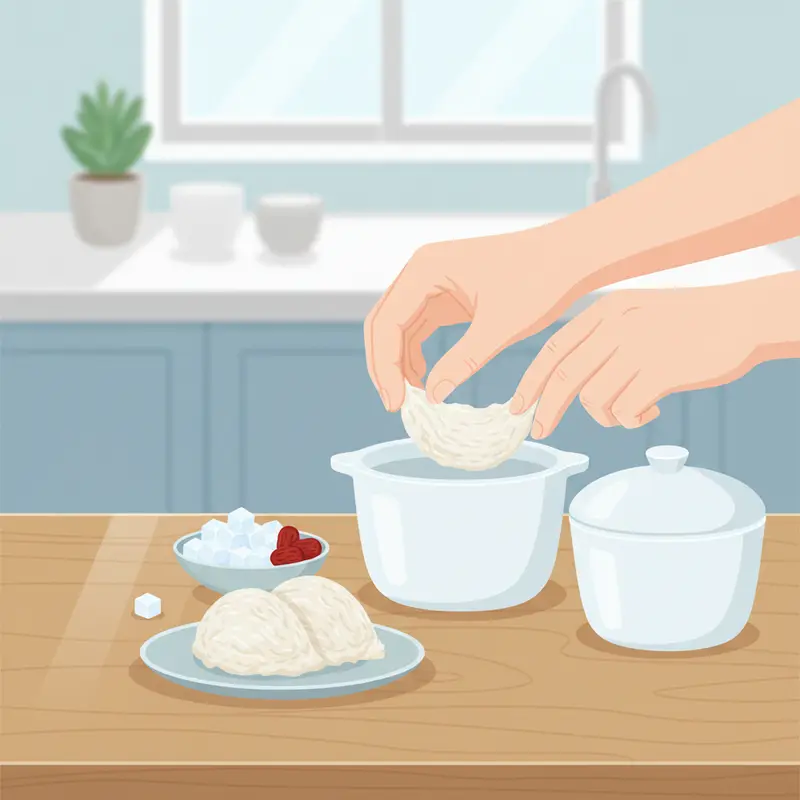 Nguyên liệu chuẩn bị món yến chưng táo đỏ, bao gồm tổ yến, đường phèn và thố chưng, thể hiện sự chăm sóc dinh dưỡng.