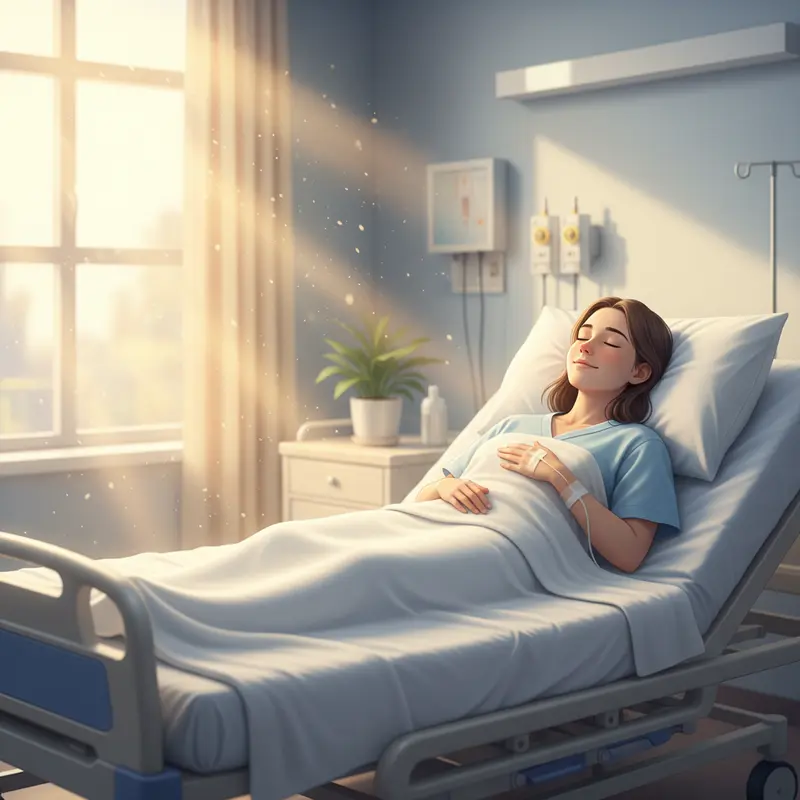 Một bệnh nhân đang nghỉ ngơi trong phòng bệnh sạch sẽ, biểu thị cho giai đoạn phục hồi sau phẫu thuật và nguy cơ nhiễm trùng.