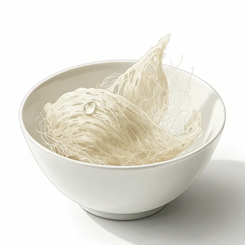 Cận cảnh sợi yến sào trắng tinh khiết trong bát sứ, tượng trưng cho nguồn dinh dưỡng dồi dào.