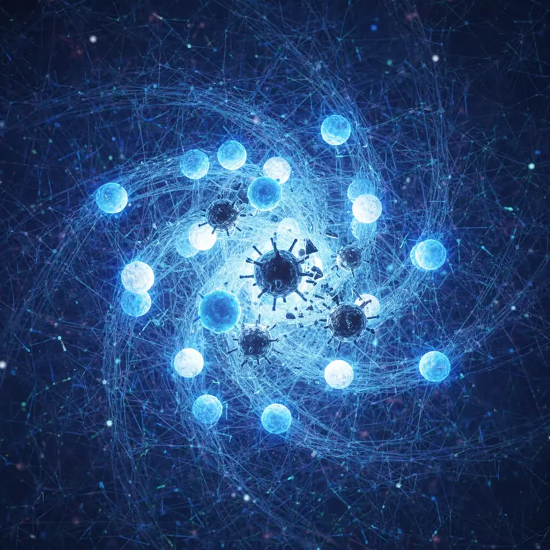 Hình ảnh trừu tượng mô tả các chất dinh dưỡng hỗ trợ tế bào miễn dịch chống lại mầm bệnh.