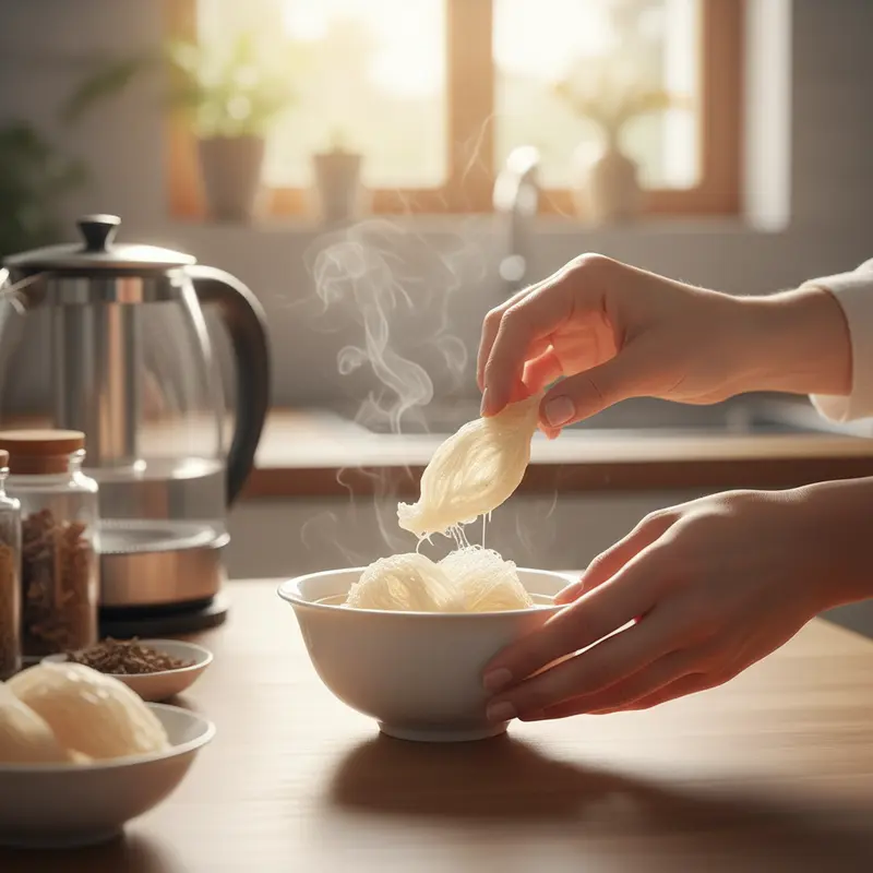 Một người đang cẩn thận chuẩn bị chén yến sào nóng hổi, thể hiện sự chăm sóc cho người bệnh.